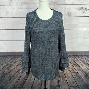 Stitches & Stripes Evereve Sweater Womens Medium Navy Ruffle Shine Chunky‎ Knit
